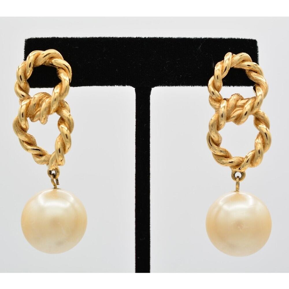 Givenchy Vintage Dangle Pearl Earrings Chunky Gold White Ball Signed 1980s 9D